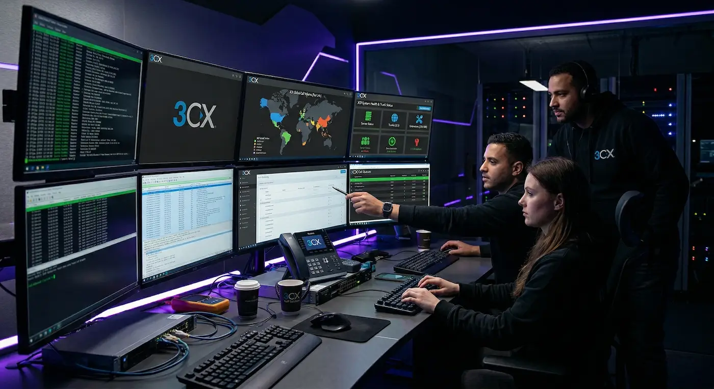 3CX Kundenkommunikation im modernen B&uuml;ro mit Team an Monitoren und Headsets