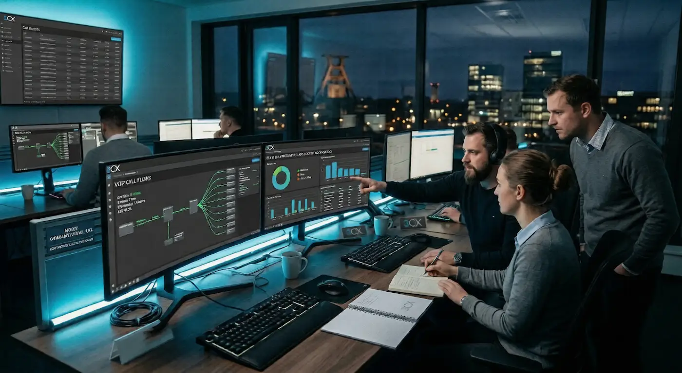 3CX VoIP Call Analytics Dashboard mit Team bei der Analyse im B&uuml;ro bei Nacht