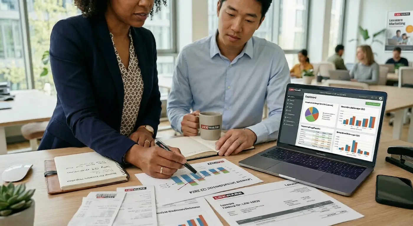 Zwei Personen besprechen Lexware Auswertungen und Dokumente an einem Laptop im B&uuml;ro