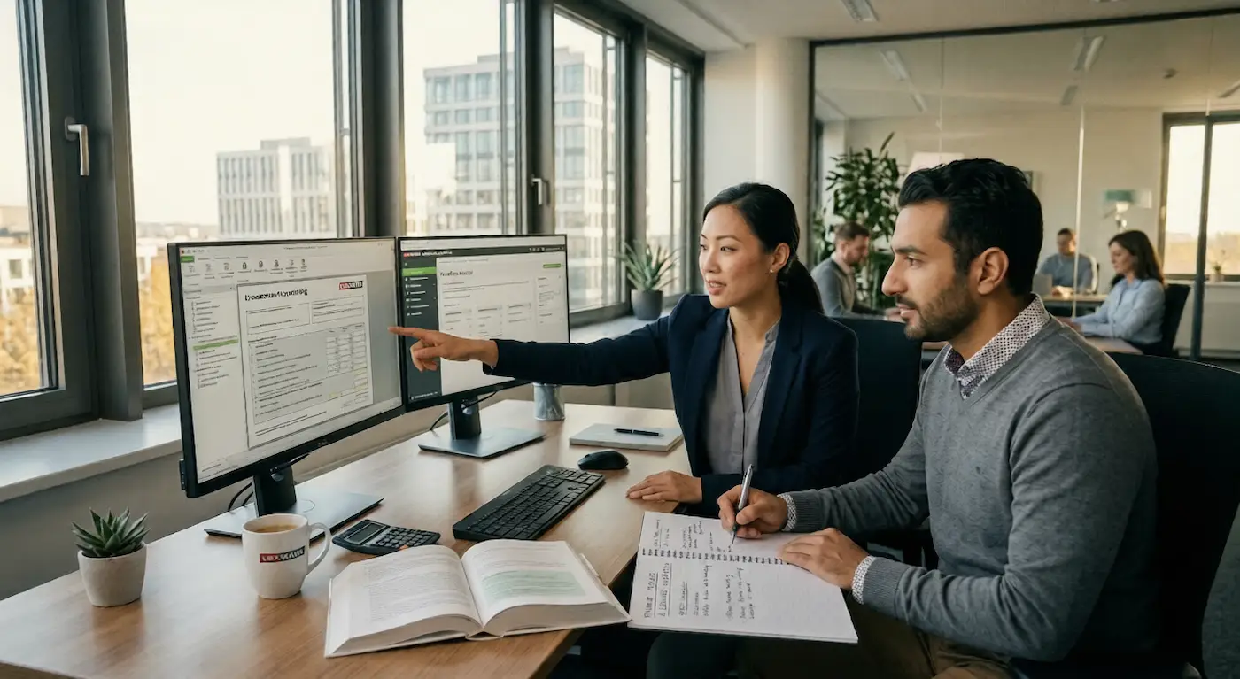 Zwei Personen arbeiten mit Lexware Buchhaltung am Monitor und erstellen Notizen im B&uuml;ro