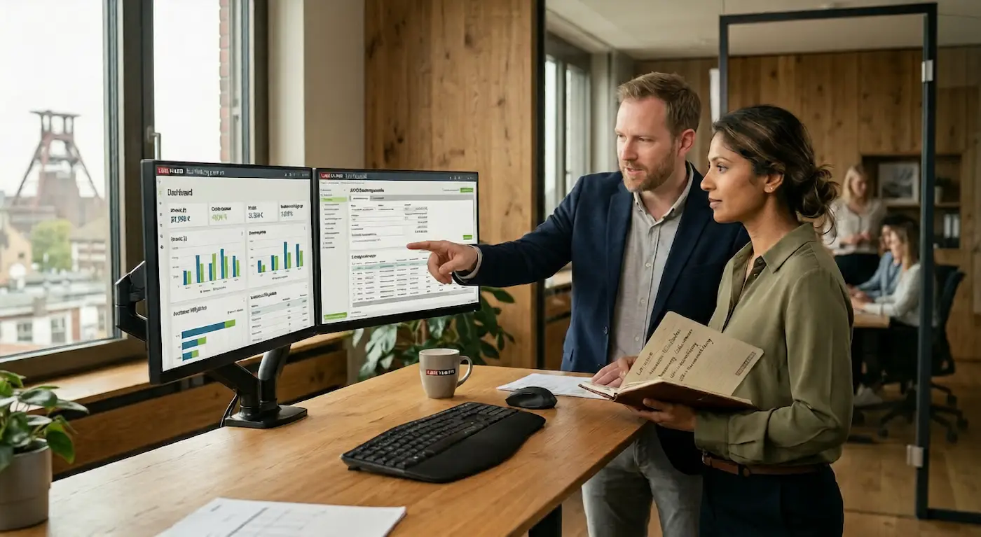 Zwei Fachkräfte pr&uuml;fen Lexware Buchhaltungsdaten auf einem Doppelmonitor im B&uuml;ro
