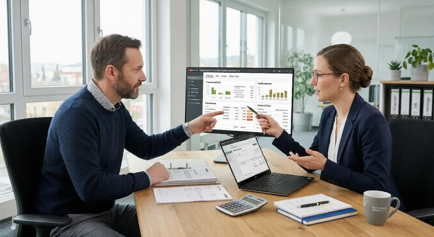 Zwei Fachkräfte analysieren Lexware Finanzdaten im B&uuml;ro an Monitor und Laptop