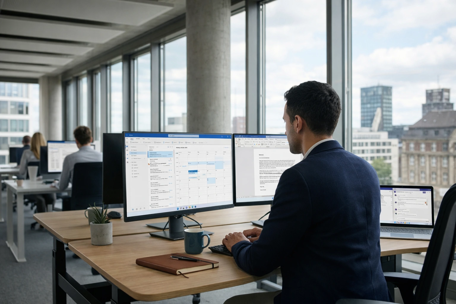 Mitarbeiter arbeitet mit Microsoft 365 an einem Arbeitsplatz mit Outlook und Word auf zwei Bildschirmen