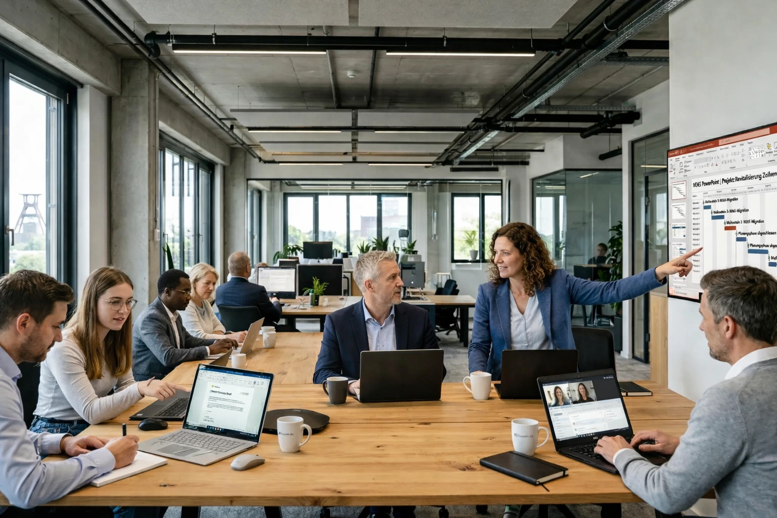 Teammeeting mit Microsoft 365 zur Projektplanung in einem modernen Besprechungsraum