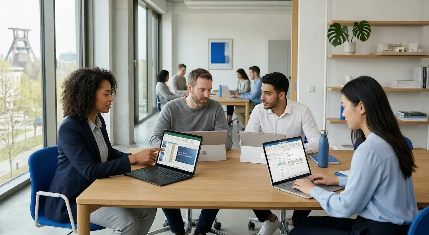 Team arbeitet gemeinsam mit Microsoft 365 auf Laptops in einem hellen B&uuml;ro