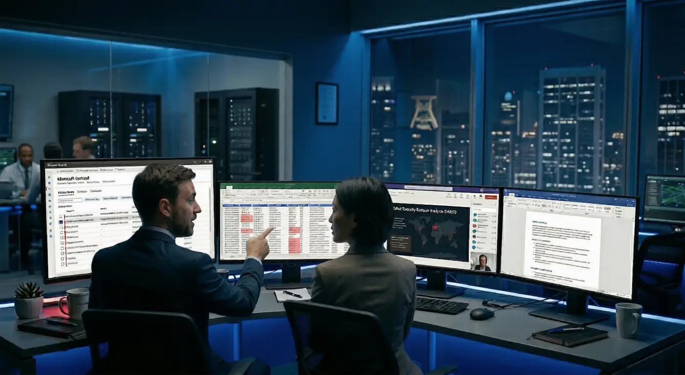 IT Team analysiert Sicherheitsdaten mit Microsoft Sentinel auf mehreren Monitoren